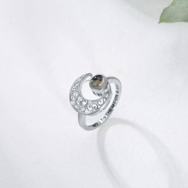 Sterling Silver Circular Shaped Projection Stone Moon Ring-4