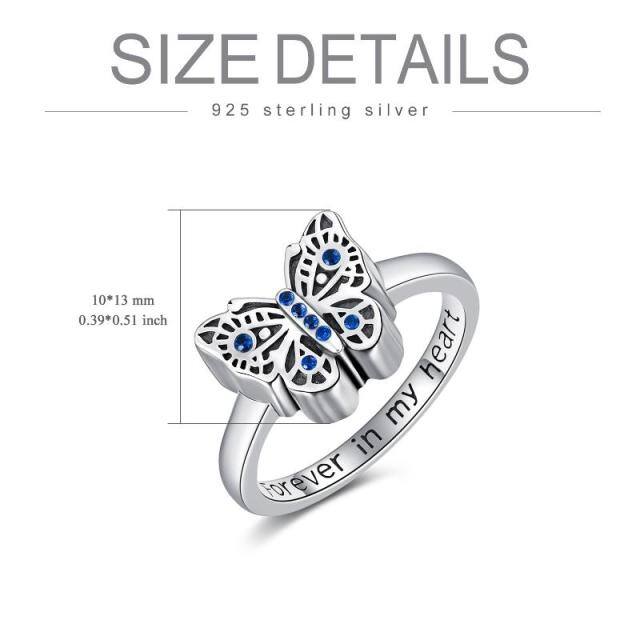 Sterling Silver Circular Shaped Crystal Butterfly Urn Ring with Engraved Word-5