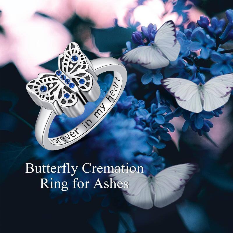 Sterling Silver Circular Shaped Crystal Butterfly Urn Ring with Engraved Word-7