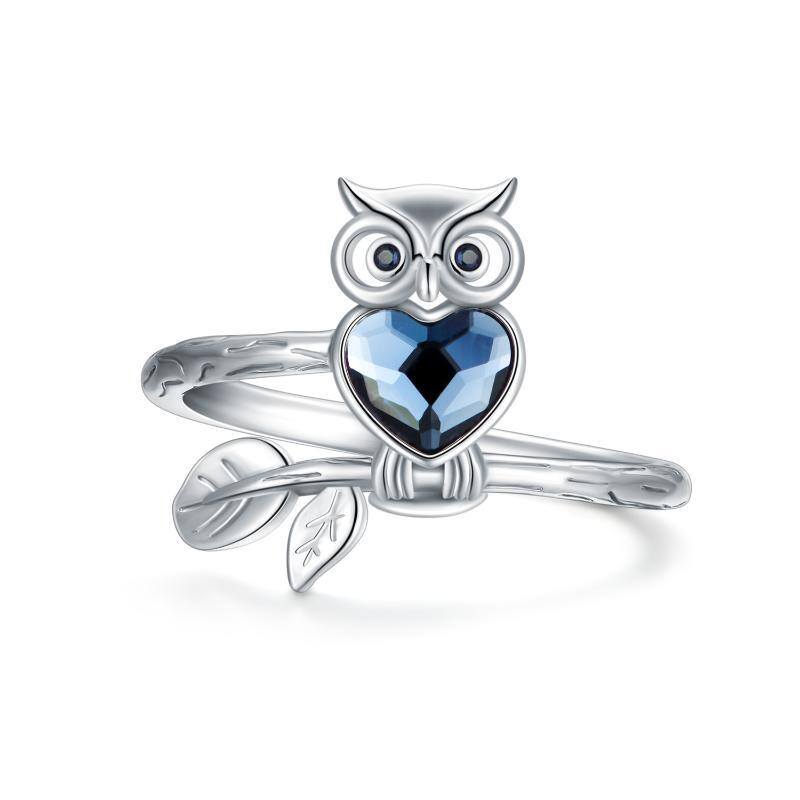 Sterling Silver Heart Shaped Crystal Owl & Heart Ring-1