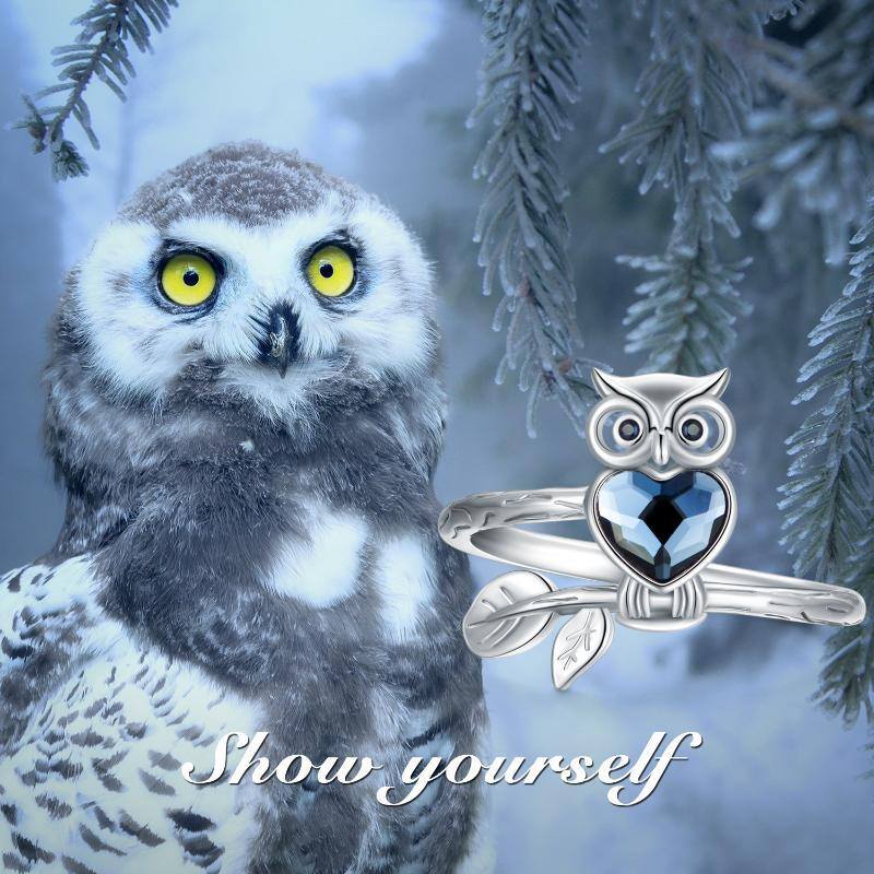 Sterling Silver Heart Shaped Crystal Owl & Heart Ring-6