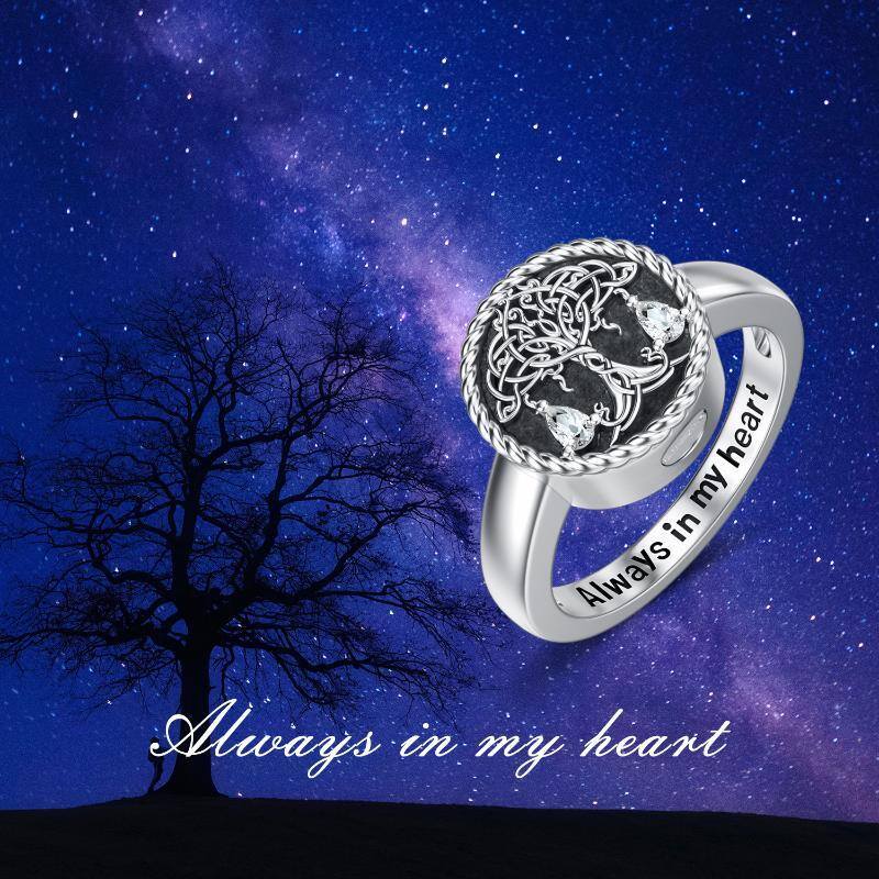 Sterling Silver Circular Shaped Cubic Zirconia Tree Of Life Urn Ring-6