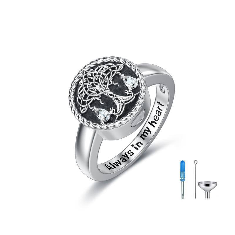 Sterling Silver Circular Shaped Cubic Zirconia Tree Of Life Urn Ring-1