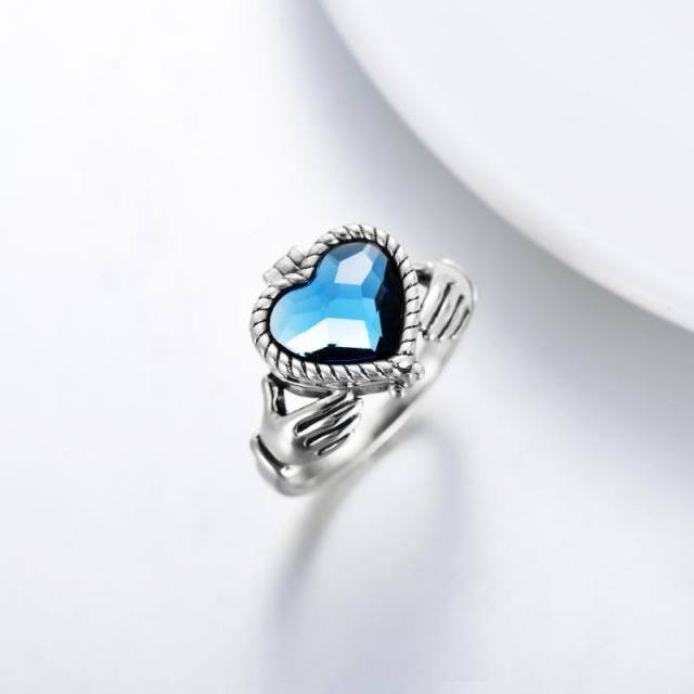 Sterling Silver Heart Shaped Crystal Personalized Photo & Angel Wing Ring-2