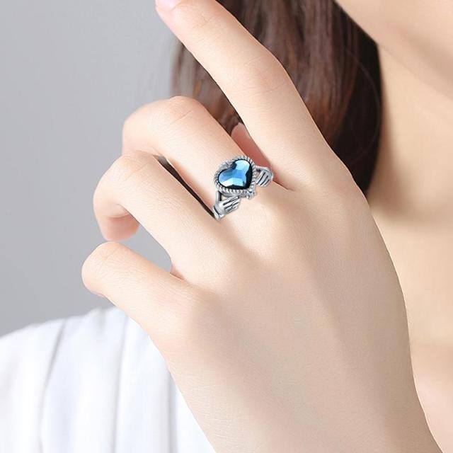 Anillo de plata de ley con forma de corazón de cristal personalizado con foto y alas de án-1