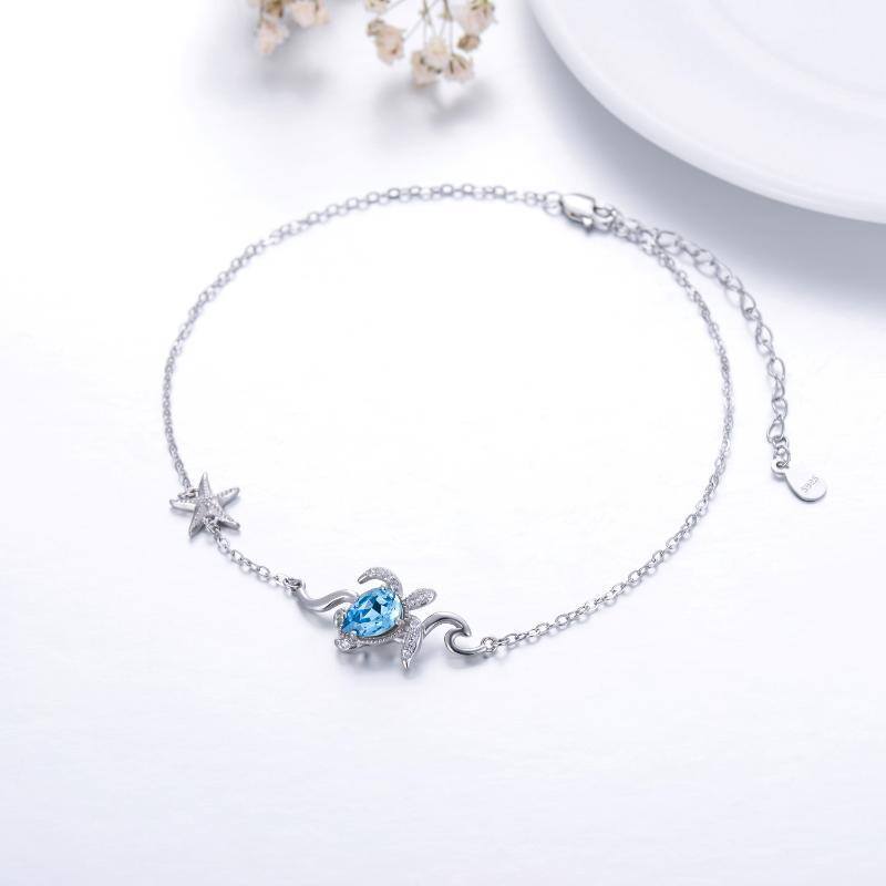 Sterling Silver Crystal Sea Turtle & Starfish Single Layer Anklet-2