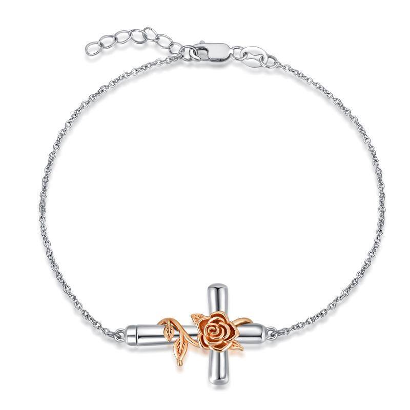 Bracelet en argent sterling avec pendentif rose et croix bicolore-1