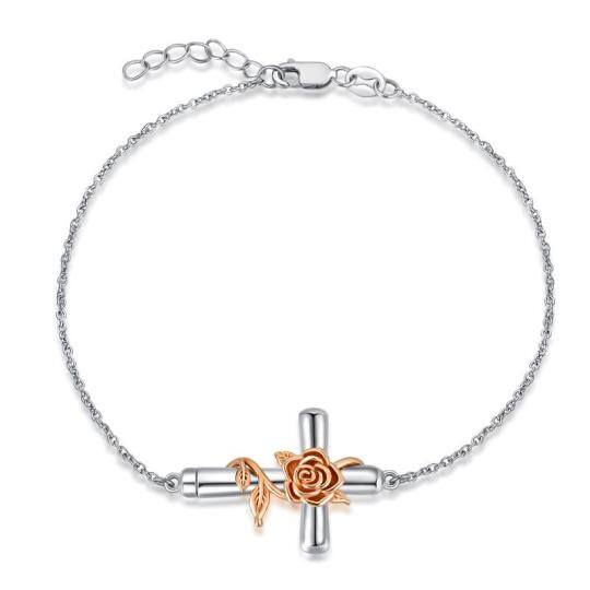Sterling Silver Two-tone Rose & Cross Pendant Bracelet