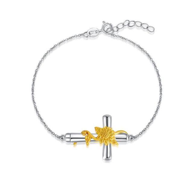 Sterling Silver Two-tone Sunflower & Cross Pendant Bracelet-0