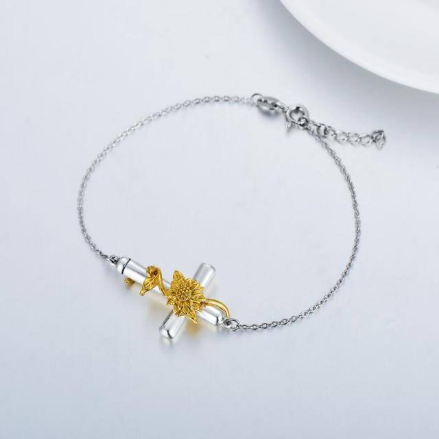 Sterling Silber zweifarbig Sonnenblume & Kreuz Anhänger Armband-2