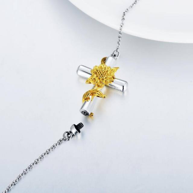 Sterling Silver Two-tone Sunflower & Cross Pendant Bracelet-3