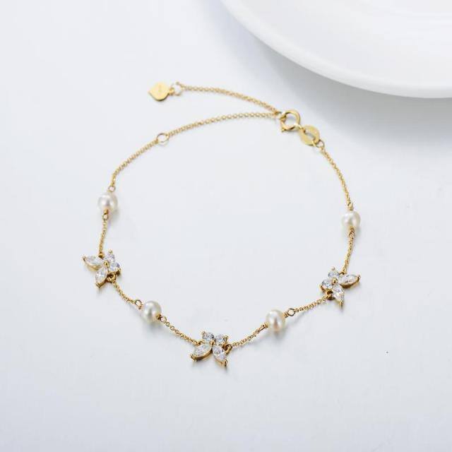 Pulsera de oro de 9 quilates con perlas y circonita mariposa-2