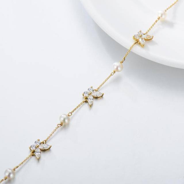 9K Gold Pearl & Cubic Zirconia Butterfly Pendant Bracelet-4