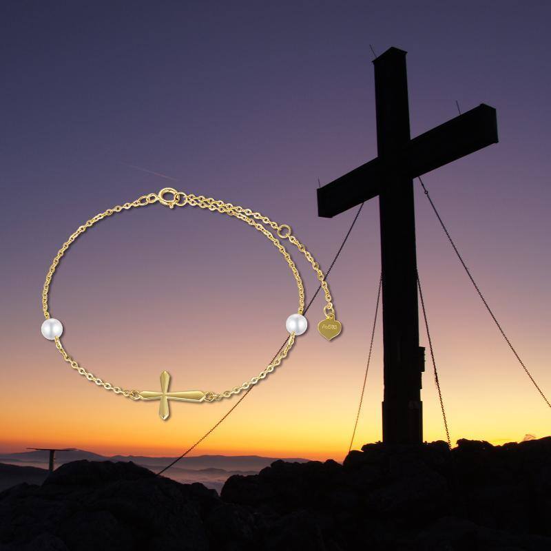 14K Gold Circular Shaped Pearl Cross Pendant Bracelet-6