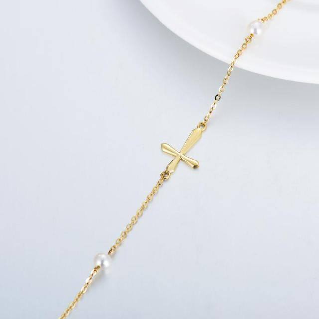 14K Gold Circular Shaped Pearl Cross Pendant Bracelet-2