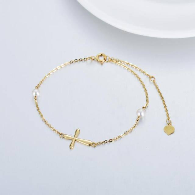 14K Gold Circular Shaped Pearl Cross Pendant Bracelet-3