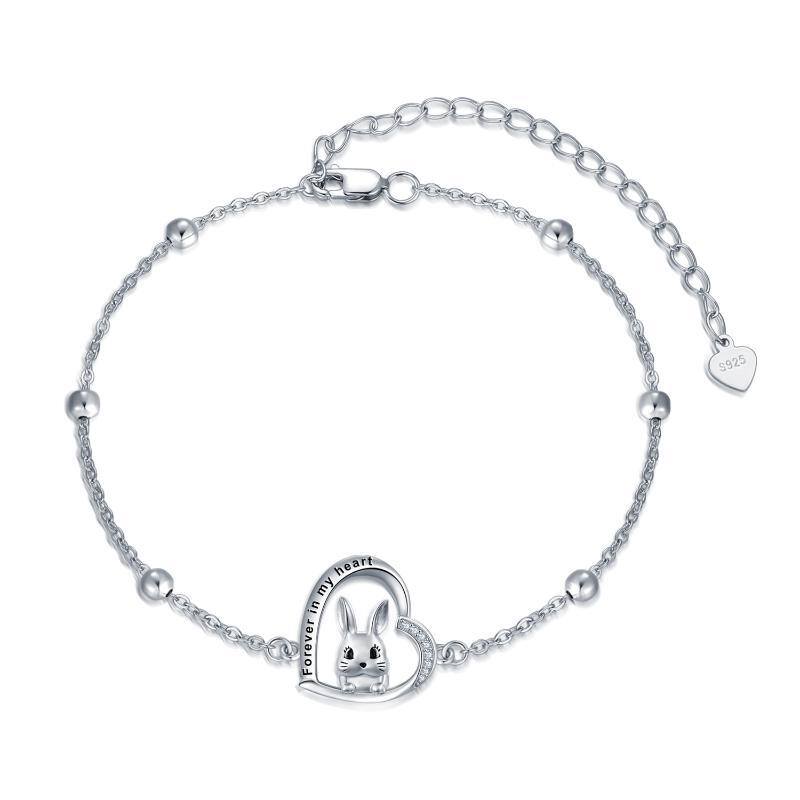 Pulsera de plata de ley con conejo de circonita cúbica y colgante de corazón con palabra g-1