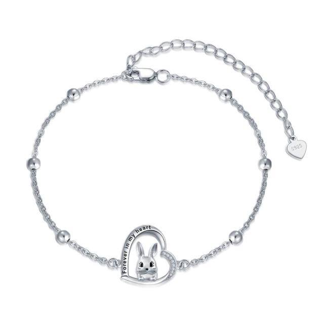 Bracelet en argent sterling avec pendentif lapin et coeur en zircon cubique et mot gravé-0