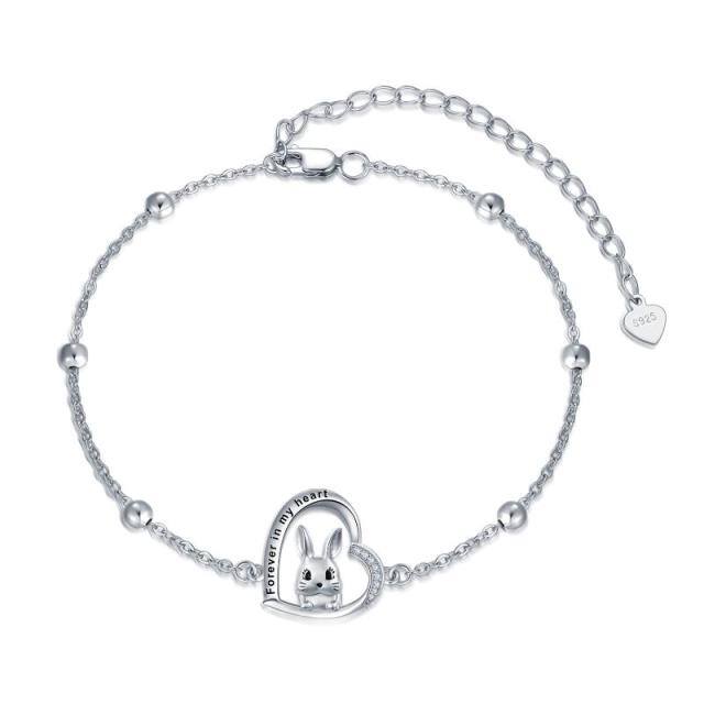 Sterling Silver Cubic Zirconia Rabbit & Heart Pendant Bracelet with Engraved Word-0