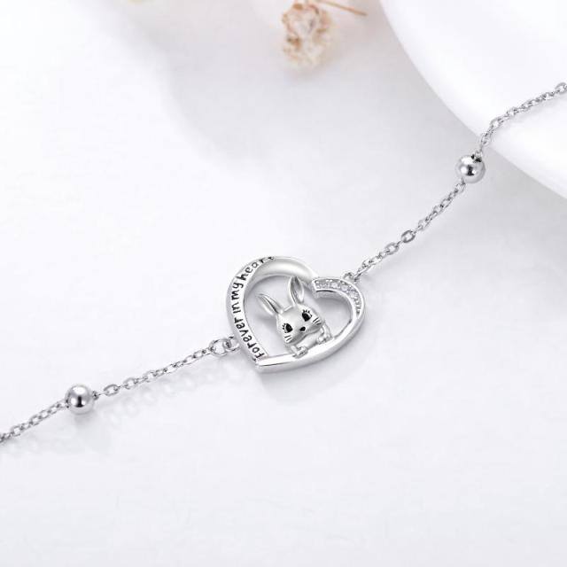 Sterling Silver Cubic Zirconia Rabbit & Heart Pendant Bracelet with Engraved Word-4