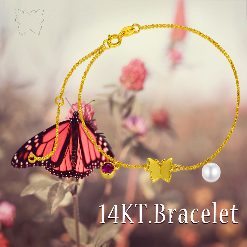 14K Gold Pearl Butterfly Pendant Bracelet-3