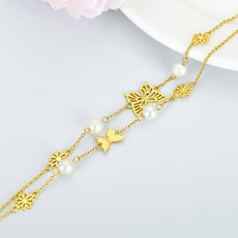 Sterling Silver with Yellow Gold Plated Circular Shaped Pearl Butterfly Layerered Bracelet-4