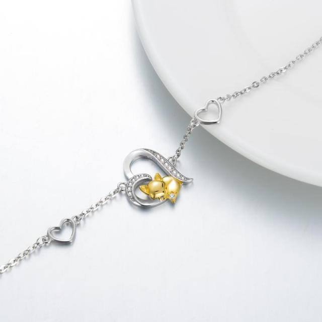 Sterling Silver Two-tone Round Cubic Zirconia Fox & Heart Pendant Bracelet-3