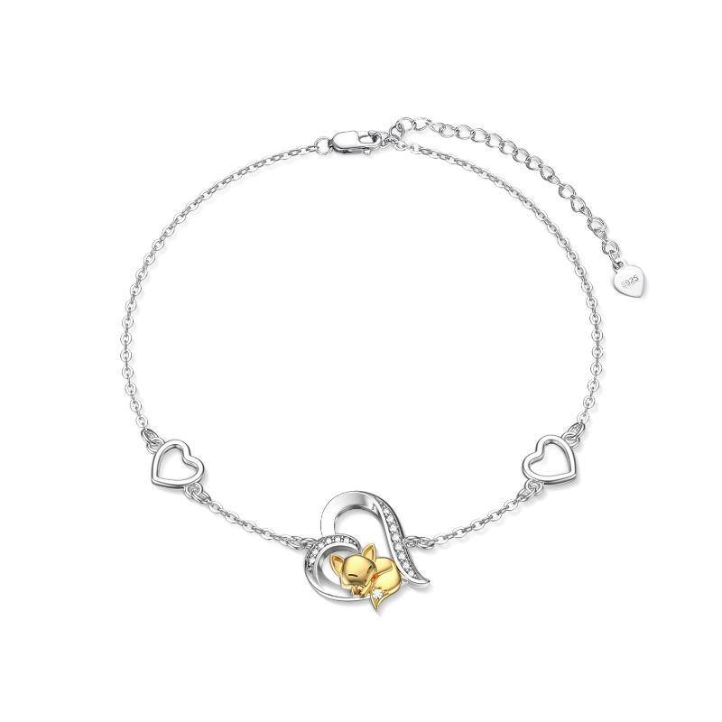 Sterling Silver Two-tone Round Cubic Zirconia Fox & Heart Pendant Bracelet-1