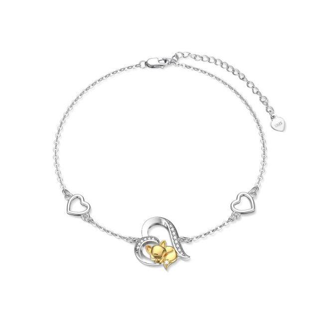 Sterling Silver Two-tone Round Cubic Zirconia Fox & Heart Pendant Bracelet-0