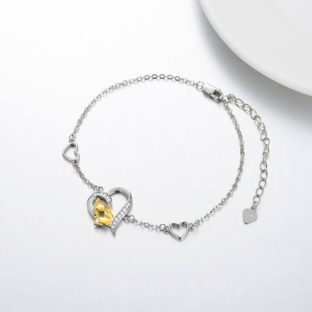 Bracelet en argent sterling avec pendentif renard et cœur en zirconium cubique rond bicolo-2