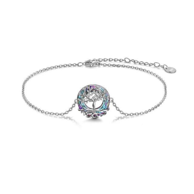 Sterling Silver Circular Shaped Crystal Tree Of Life Pendant Bracelet-0