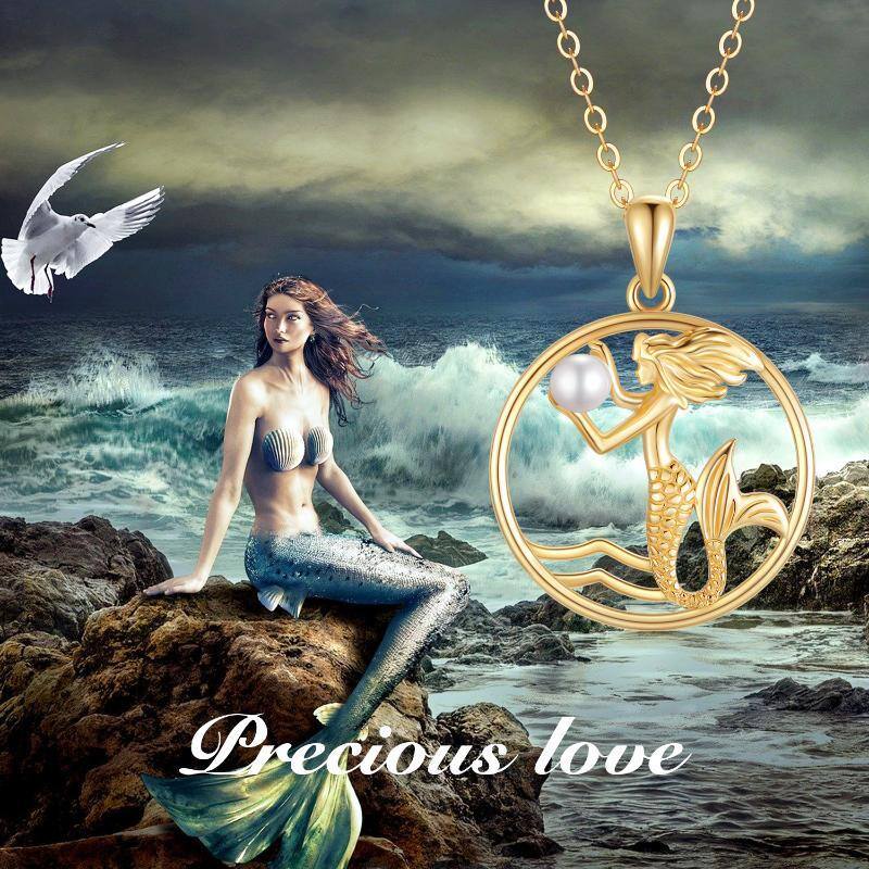 14K Gold Circular Shaped Pearl Mermaid Pendant Necklace-6