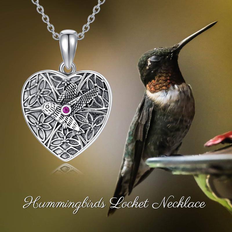 Sterling Silver Circular Shaped Hummingbird & Personalized Photo & Heart Personalized Photo Locket Necklace-7