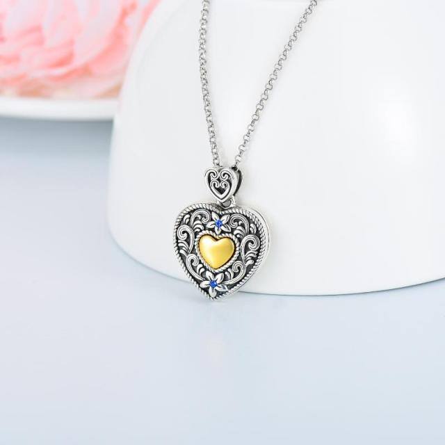 Sterling Silver Tri-tone Circular Shaped Crystal Heart Personalized Photo Locket Necklace with Engraved Word-3