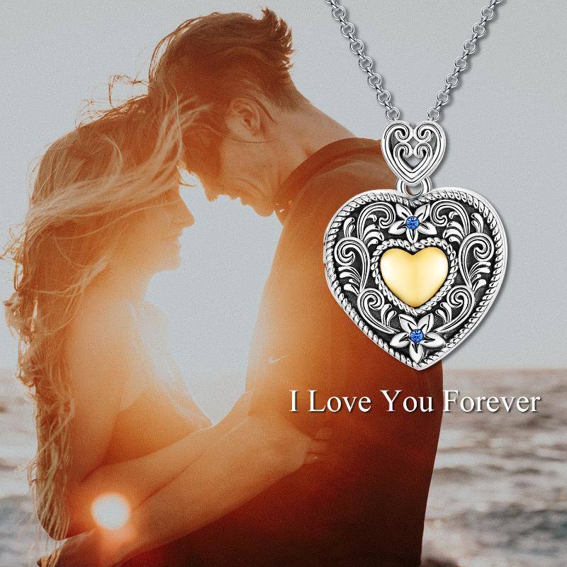 Sterling Silver Tri-tone Circular Shaped Crystal Heart Personalized Photo Locket Necklace with Engraved Word-6