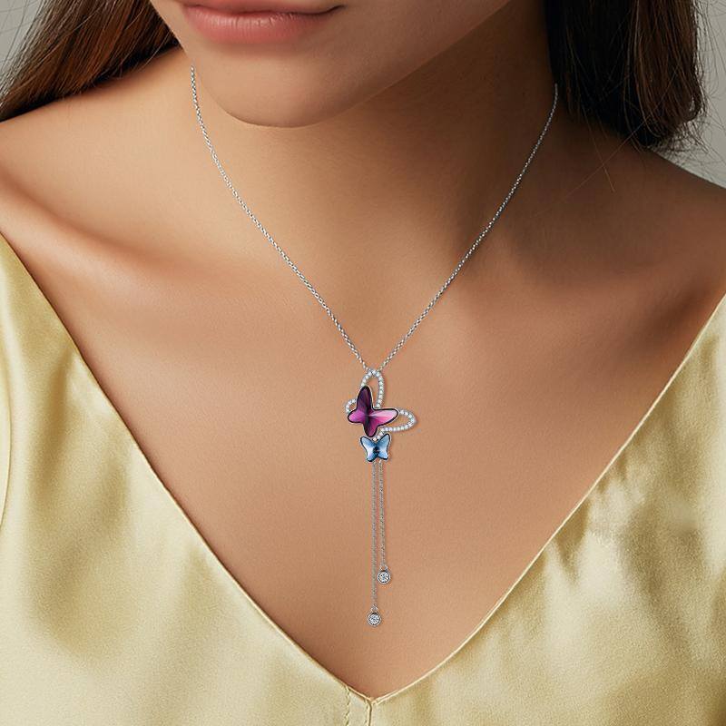 Sterling Silver Butterfly Crystal Pendant Necklace-2