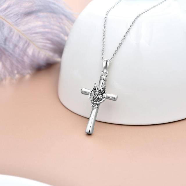 Sterling Silver Owl & Cross Urn Necklace for Ashes-2
