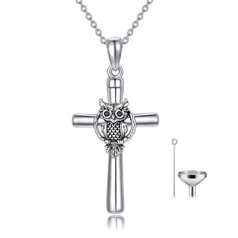 Sterling Silver Owl & Cross Urn Necklace for Ashes-1