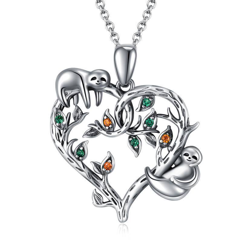 Sterling Silver Circular Shaped Cubic Zirconia Sloth & Tree Of Life Pendant Necklace-1