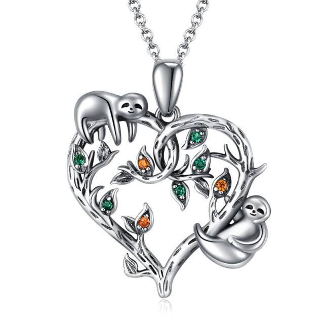 Sterling Silver Circular Shaped Cubic Zirconia Sloth & Tree Of Life Pendant Necklace-3