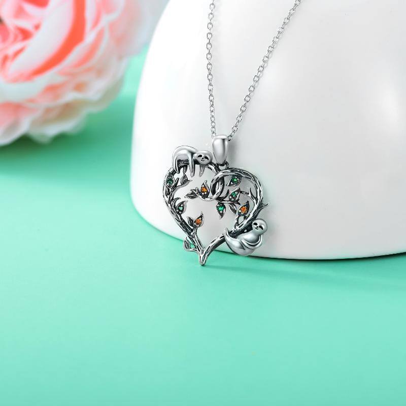 Sterling Silver Circular Shaped Cubic Zirconia Sloth & Tree Of Life Pendant Necklace-3