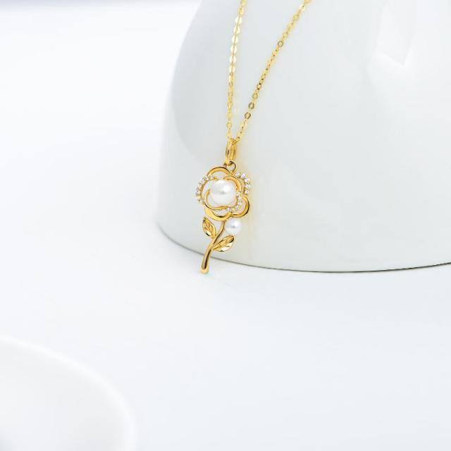 10K Gold Moissanite & Pearl Rose Pendant Necklace-2