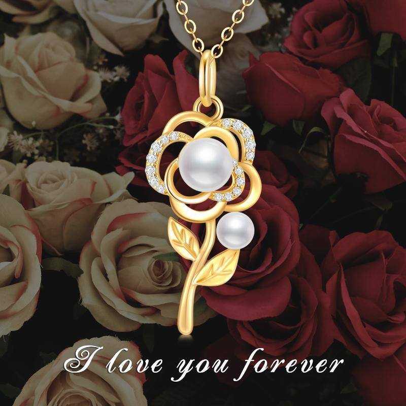 10K Gold Moissanite & Pearl Rose Pendant Necklace-6