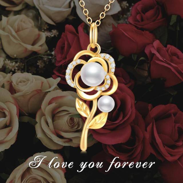 10K Gold Moissanite & Pearl Rose Pendant Necklace-5