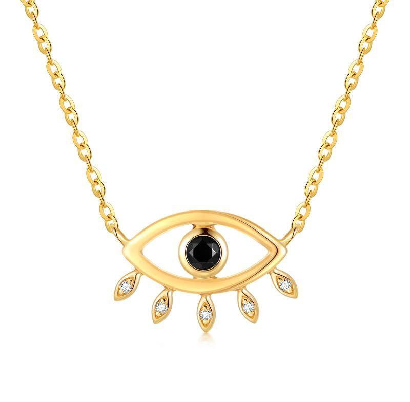 14K Gold Circular Shaped Obsidian Evil Eye Pendant Necklace-1