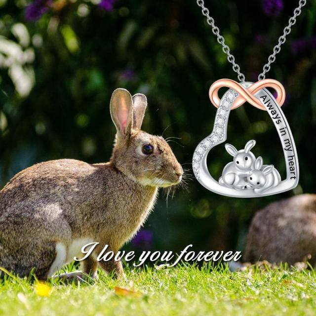 Sterling Silver Two-tone Circular Shaped Cubic Zirconia Rabbit & Heart & Infinity Symbol Pendant Necklace with Engraved Word-2