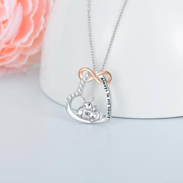 Sterling Silver Two-tone Circular Shaped Cubic Zirconia Rabbit & Heart & Infinity Symbol Pendant Necklace with Engraved Word-3