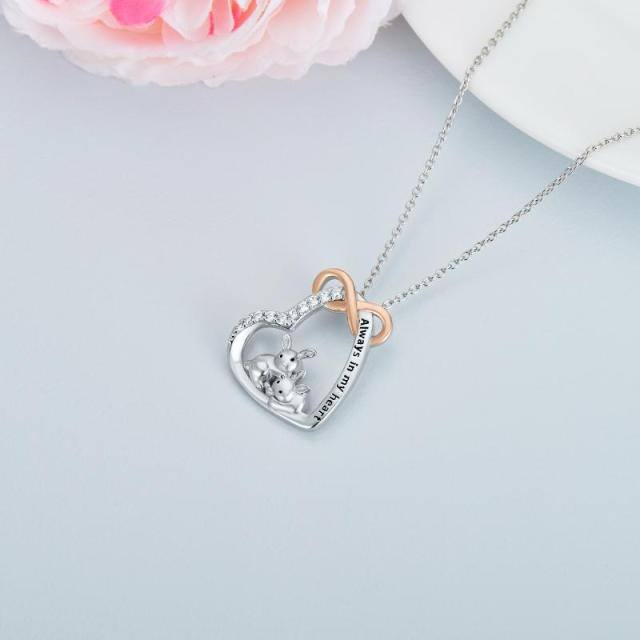 Sterling Silver Two-tone Circular Shaped Cubic Zirconia Rabbit & Heart & Infinity Symbol Pendant Necklace with Engraved Word-4