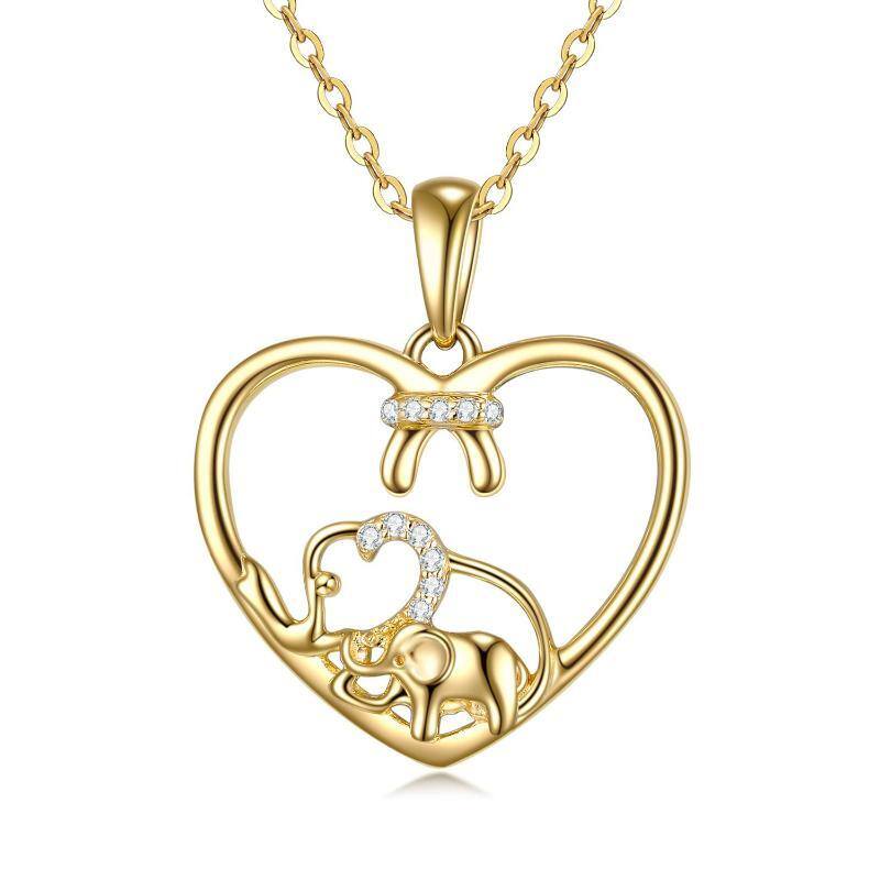 Collier en or 14K avec pendentif éléphant et coeur en Moissanite-1