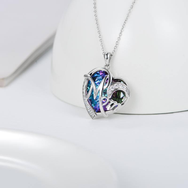 Sterling Silver Crystal Heart Mom Pendant Necklace with Box Chain-3